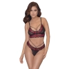 Cottelli LINGERIE - 2-Częściowy Komplecik Z Siateczką I Kwiatową Koronką Czarno-Czerwony S