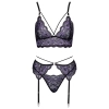 Cottelli LINGERIE - Seksowna Koronkowa Braletka Pas Do Pończoch I Stringi Czarny-Fioletowy M