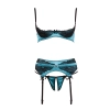 Cottelli LINGERIE - Seksowny 3-Częściowy Komplecik Z Niebieskiej Satyny I Delikatnej Koronki 90B/XL
