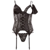 Cottelli LINGERIE - Koronkowa Koszulka Z Paskami Do Pończoch + Stringi Czarne M