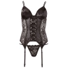 Cottelli LINGERIE - Koronkowa Koszulka Z Paskami Do Pończoch + Stringi Czarne L