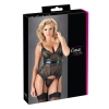 Cottelli LINGERIE - Seksowna Siateczkowa Koszulka Z Paskami Do Pończoch + Stringi Czarne XL