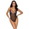 Cottelli LINGERIE - Seksowne Czarne Siateczkowe Body Z Fioletową Koronką S
