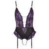 Cottelli LINGERIE - Body Z Fioletowej Koronki Z Paskami Do Pończoch Bez Krocza XL