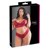 Cottelli CURVES - Czerwony Koronkowy Zestaw Stanik Bez Zapięcia I Stringi Bez Kroku 4XL