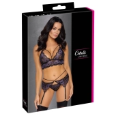 Cottelli LINGERIE - Seksowna Koronkowa Braletka Pas Do Pończoch I Stringi Czarny-Fioletowy M