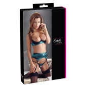 Cottelli LINGERIE - Seksowny 3-Częściowy Komplecik Z Niebieskiej Satyny I Delikatnej Koronki 80B/M