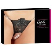 Cottelli LINGERIE - Seksowne Stringi Z Kwiatem I Delikatnymi Dżetami S/M