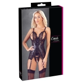 Cottelli LINGERIE - Koronkowa Koszulka Z Otwartymi Miseczkami I Stringi Bez Krocza Czarne XL