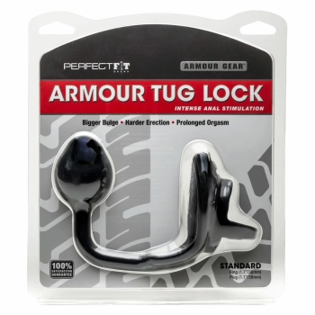 Pierścień na penisa z plugiem - Perfect Fit Armour Tug Lock Black Czarny