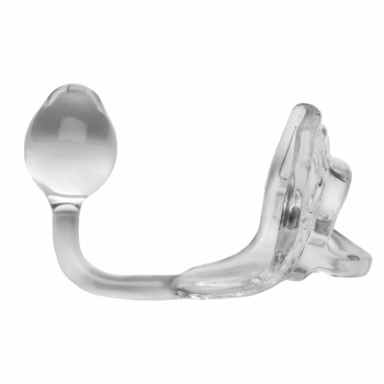 Pierścień na penisa z plugiem - Perfect Fit Armour Tug Lock Clear Przezroczysty