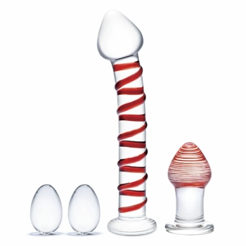 Szklane dildo, korek analny i jajeczka - Glas Mr. Swirly Set