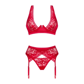 Obsessive - Seksowny 3-Częściowy Koronkowy Komplecik Lacelove Czerwony M/L