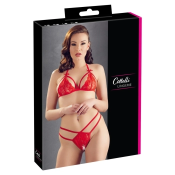 Cottelli LINGERIE - Zmysłowe Koronkowy Zestaw Biustonosz I Stringi Czerwony S