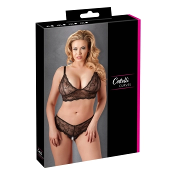 Cottelli CURVES - Czarny Koronkowy Zestaw Stanik Bez Zapięcia I Stringi Bez Kroku XL