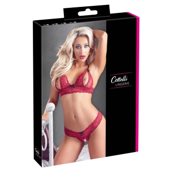 Cottelli LINGERIE - Seksowny Otwarty Biustonosz + Stringi Bez Krocza Czerwone S