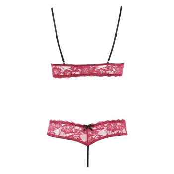 Cottelli LINGERIE - Seksowny Otwarty Biustonosz + Stringi Bez Krocza Czerwone S