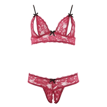 Cottelli LINGERIE - Seksowny Otwarty Biustonosz + Stringi Bez Krocza Czerwone L