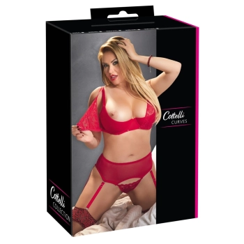 Cottelli CURVES - Seksowny Koronkowy Zestaw Do Striptizu Czerwony 95E/2XL