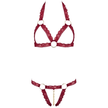 Cottelli LINGERIE - Otwarty Koronkowy Biustonosz + Stringi Z Łańcuszkiem Czerwony S/M