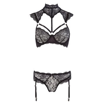 Cottelli LINGERIE - Koronkowy Biustonosz Z Kołnierzem I Stringi Z Paskami Do Pończoch 75C/S