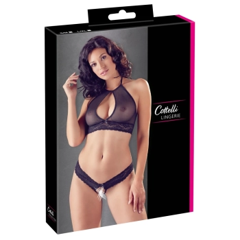 Cottelli LINGERIE - Siateczkowy Biustonosz I Otwarte Stringi Z Delikatną Koronką S/M