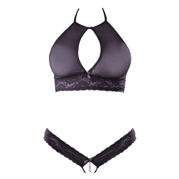 Cottelli LINGERIE - Siateczkowy Biustonosz I Otwarte Stringi Z Delikatną Koronką L/XL