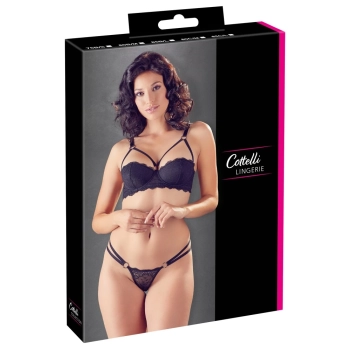 Cottelli LINGERIE - Seksowne Koronkowe Stringi Z Paseczkami I Biustonosz Na Fiszbinach Czarny 75B/S
