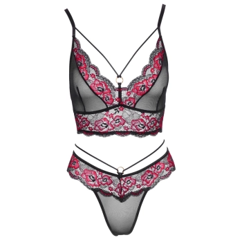 Cottelli LINGERIE - 2-Częściowy Komplecik Z Siateczką I Kwiatową Koronką Czarno-Czerwony S