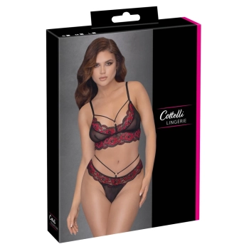 Cottelli LINGERIE - 2-Częściowy Komplecik Z Siateczką I Kwiatową Koronką Czarno-Czerwony S