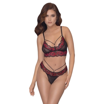 Cottelli LINGERIE - 2-Częściowy Komplecik Z Siateczką I Kwiatową Koronką Czarno-Czerwony L