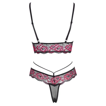 Cottelli LINGERIE - 2-Częściowy Komplecik Z Siateczką I Kwiatową Koronką Czarno-Czerwony L