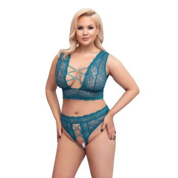 Cottelli CURVES - Seksowna Wycięta Braletka I Stringi Bez Krocza Niebieskie 4XL