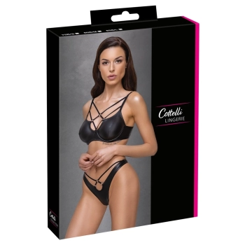 Cottelli LINGERIE - Czarny Matowy 2-Częściowy Set Z Ozdobnymi Paseczkami 75B/S