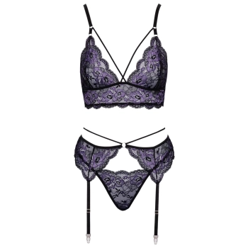 Cottelli LINGERIE - Seksowna Koronkowa Braletka Pas Do Pończoch I Stringi Czarny-Fioletowy M