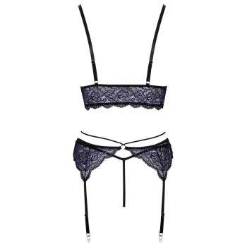 Cottelli LINGERIE - Seksowna Koronkowa Braletka Pas Do Pończoch I Stringi Czarny-Fioletowy M