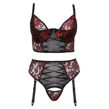 Cottelli CURVES - Seksowny Zestaw Z Kwiatowej Koronki Czarno-Czerwony 85C/L