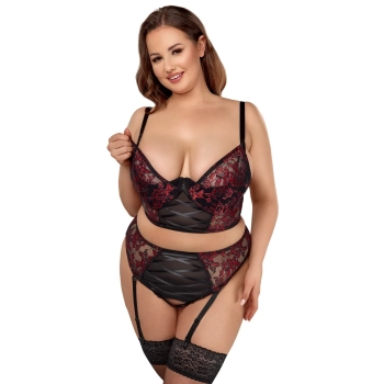 Cottelli CURVES - Seksowny Zestaw Z Kwiatowej Koronki Czarno-Czerwony 95D/2XL