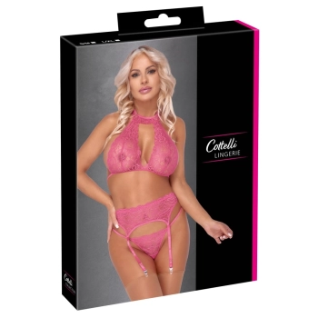 Cottelli LINGERIE - Seksowny Różowy Komplecik Biustonosz Pas I Stringi S/M