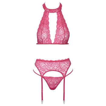 Cottelli LINGERIE - Seksowny Różowy Komplecik Biustonosz Pas I Stringi L/XL