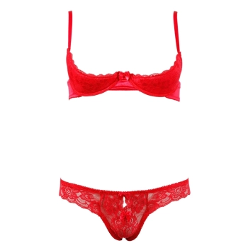 Cottelli LINGERIE - Koronkowy Komplecik Biustonosz Bez Miseczek I Otwarte Stringi Czerwone 75B/S