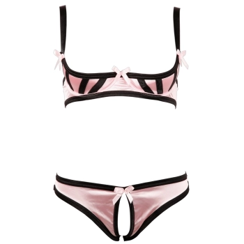 Cottelli LINGERIE - Satynowy Biustonosz Bez Miseczek I Figi Bez Krocza Różowe 85B/L