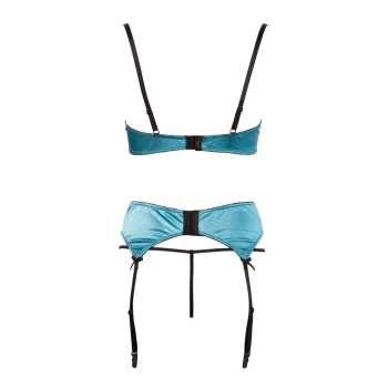 Cottelli LINGERIE - Seksowny 3-Częściowy Komplecik Z Niebieskiej Satyny I Delikatnej Koronki 90B/XL