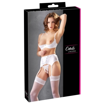 Cottelli LINGERIE - 3-Częściowy Seksowny Koronkowy Komplecik Biały 85B/L