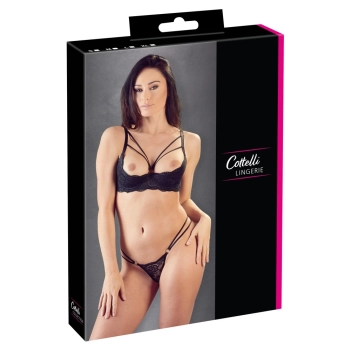 Cottelli LINGERIE - Seksowny Koronkowy Komplecik Stringi I Biustonosz Bez Miseczek Czarny 75B/S