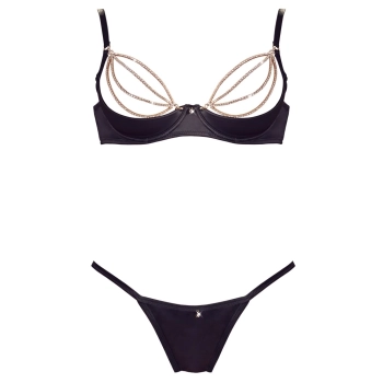 Cottelli LINGERIE - Czarny Seksowny Biustonosz I Stringi Ze Złotymi Łańcuchami 80B/M