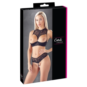 Cottelli LINGERIE - Koronkowy 2-Częściowy Set Biustonosz Bez Miseczek I Wysokie Otwarte Stringi 85B/L