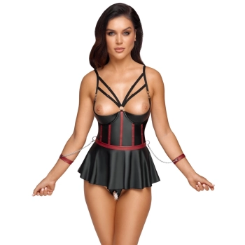Cottelli Bondage - Seksowny Gorsecik Bez Biustu Z Mankietami + Stringi 85C/XL