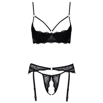 Cottelli LINGERIE - Seksowny Koronkowy 3-Częściowy Zestaw Czarny 85B/L