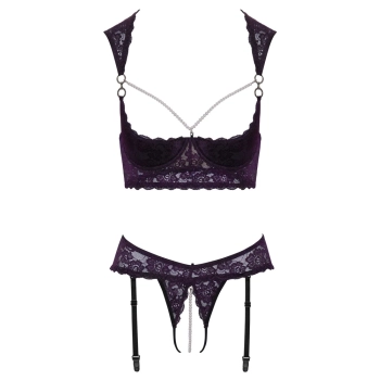 Cottelli LINGERIE - Seksowny 2-Częściowy Komplecik Z Fioletowej Koronki I Białymi Perłami 85B/L